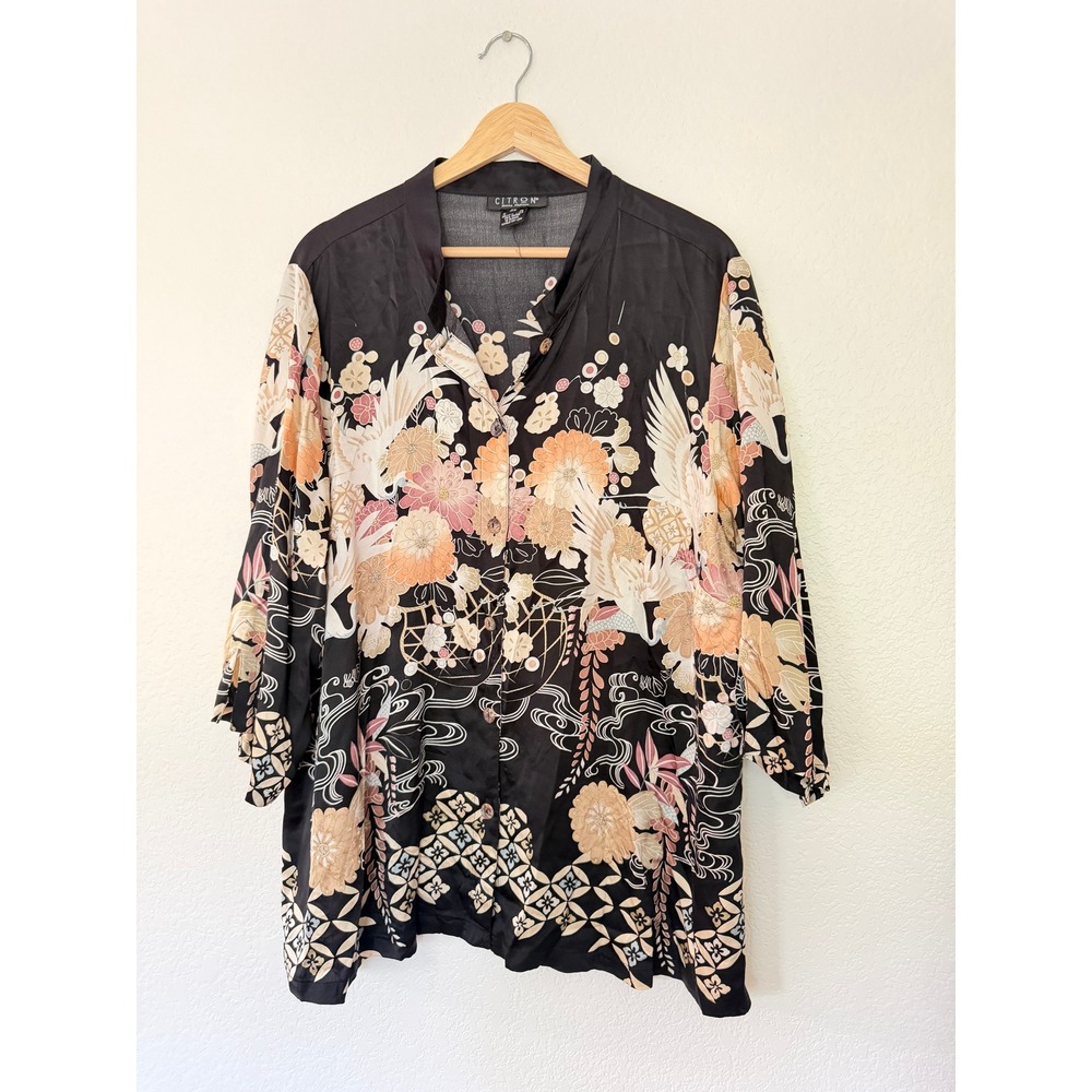 Citron Santa Monica Blouse Women 2X Black Crane Floral Beaded Art to Wear Top